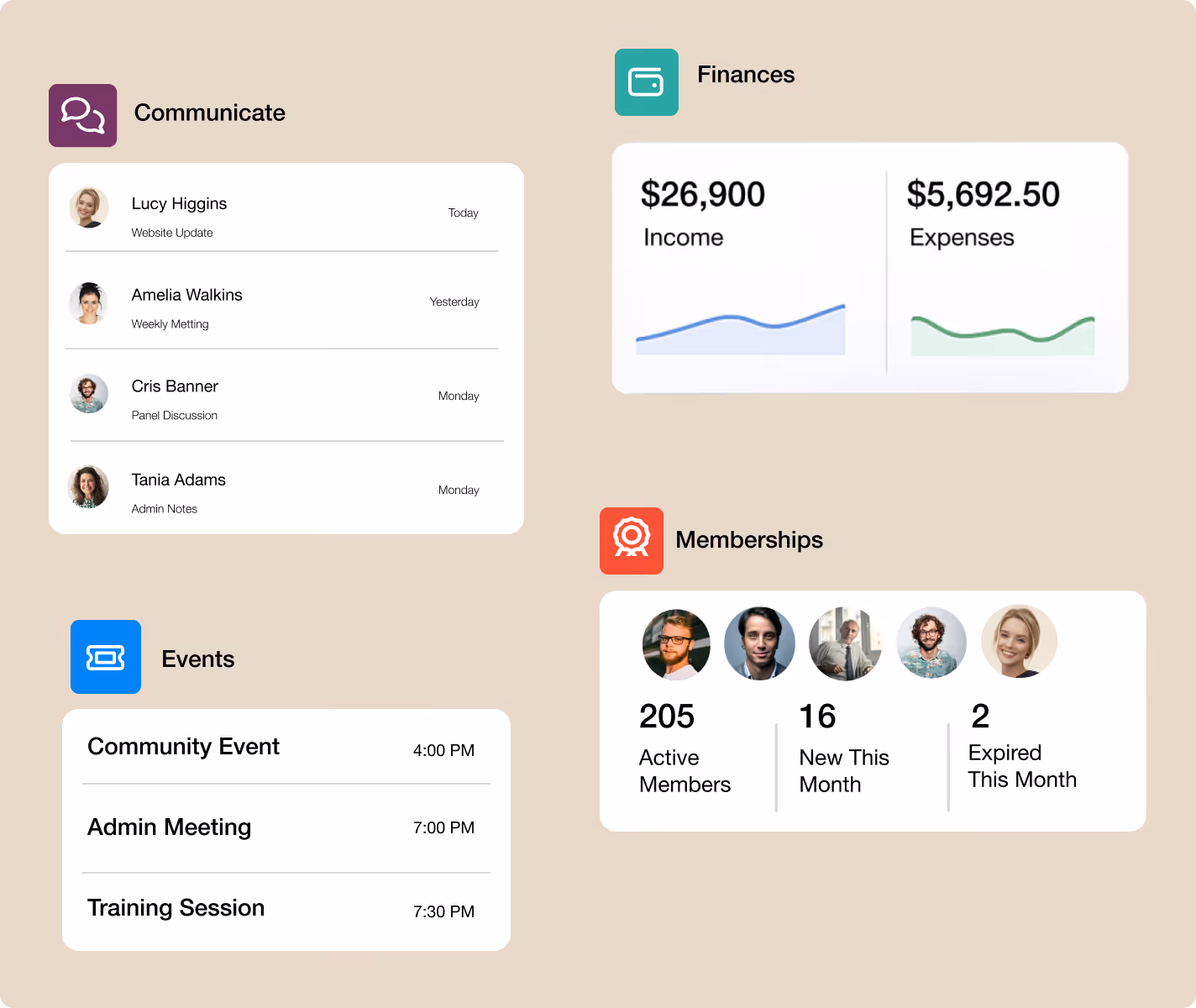 TidyHQ dashboard showing memberships, events, finances, and communications