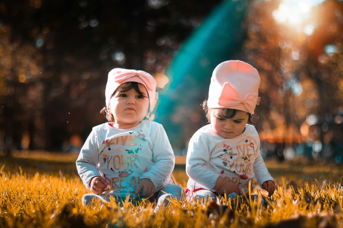 Twin toddlers sitting together in a sunlit park