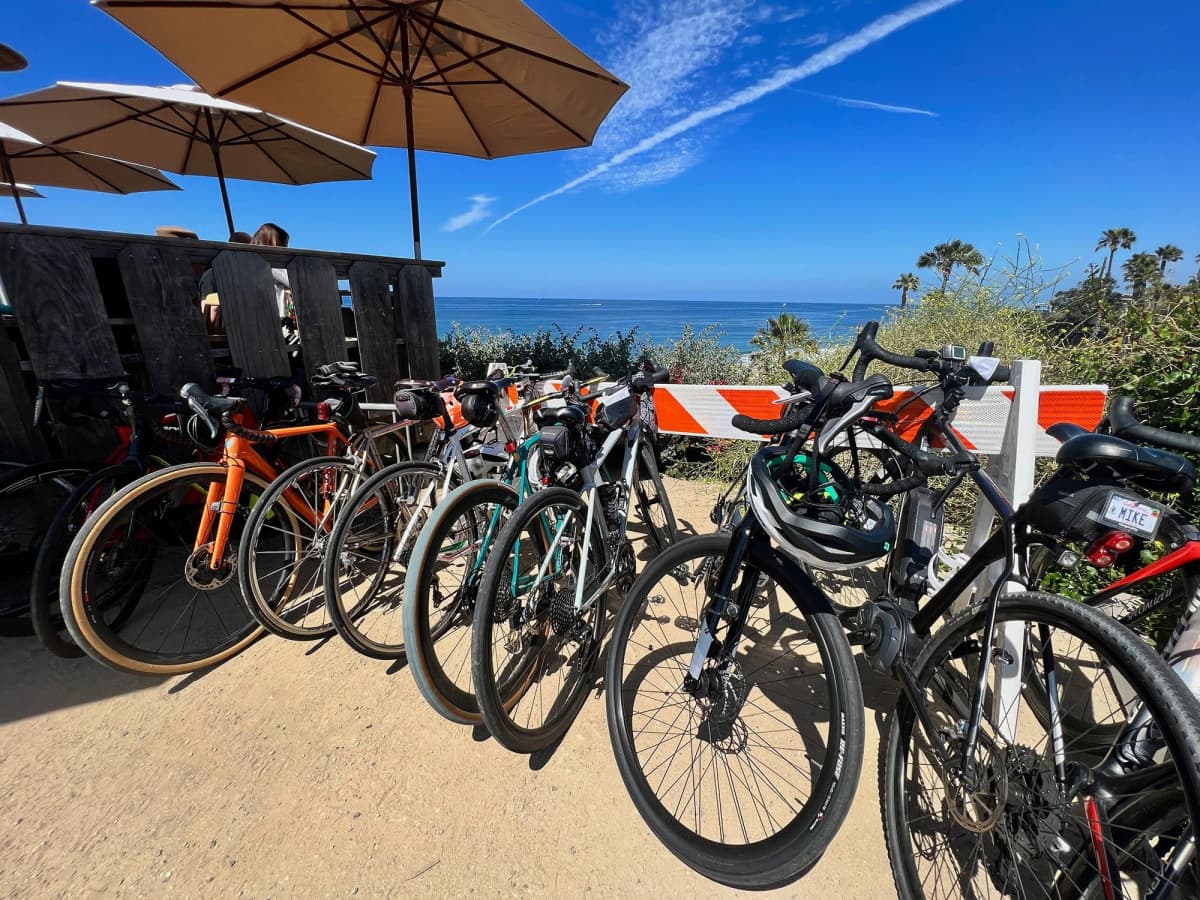 Bikes parked at Crystal Cove with Pacific Ocean views