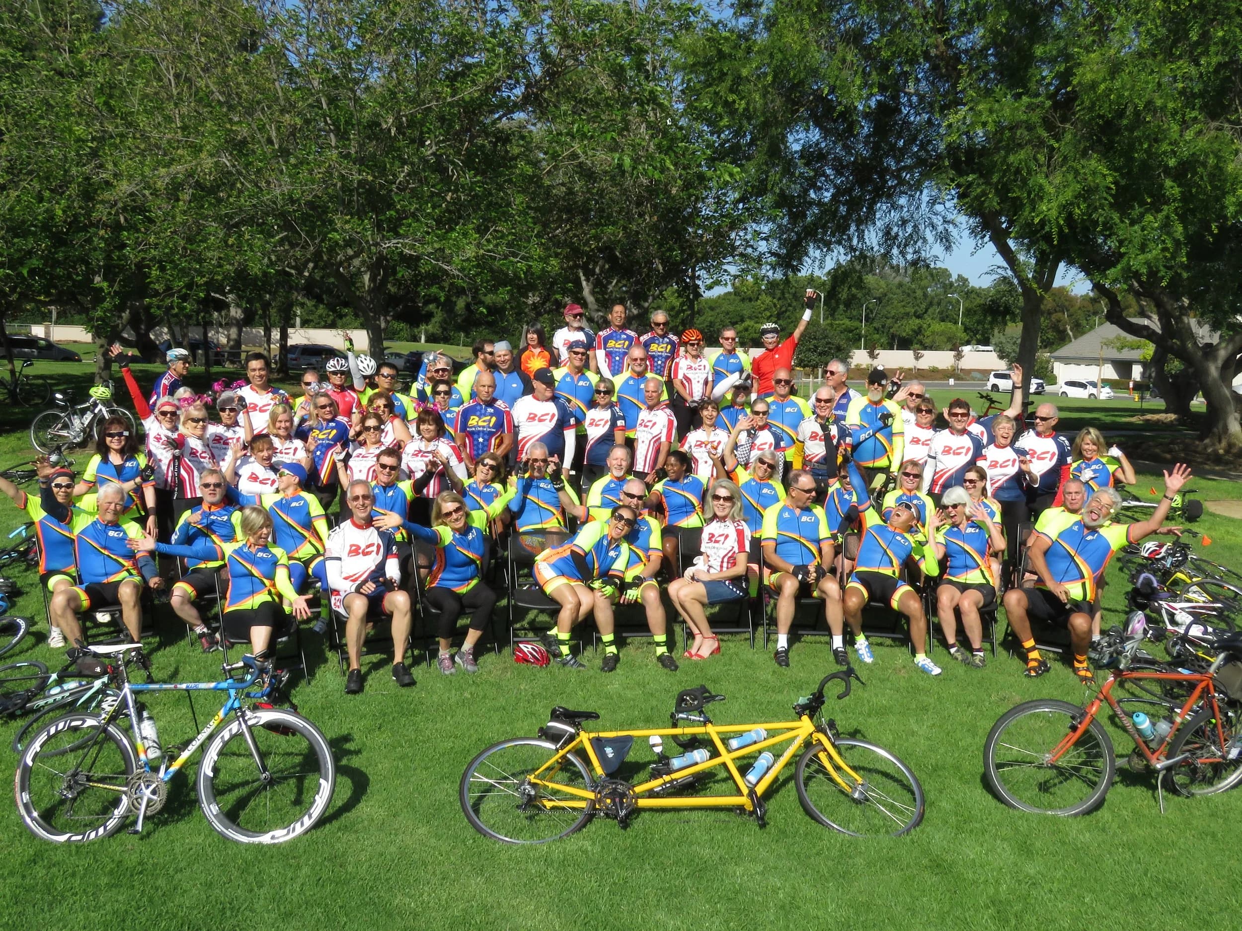 Bicycle Club of Irvine members gathered for a group ride in matching jerseys