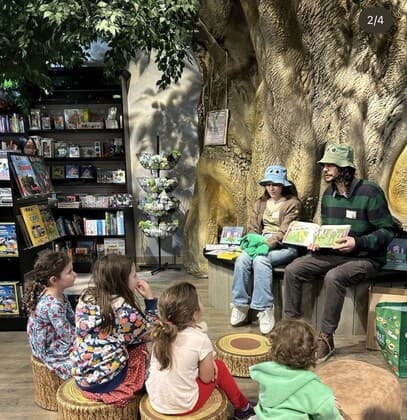 Story time with families at a community event