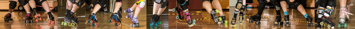 Roller derby players in a pack formation