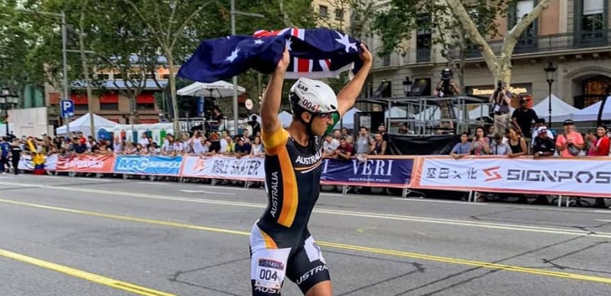 Daniel Greig celebrating Australia's first Gold Medal at the 2019 World Roller Games