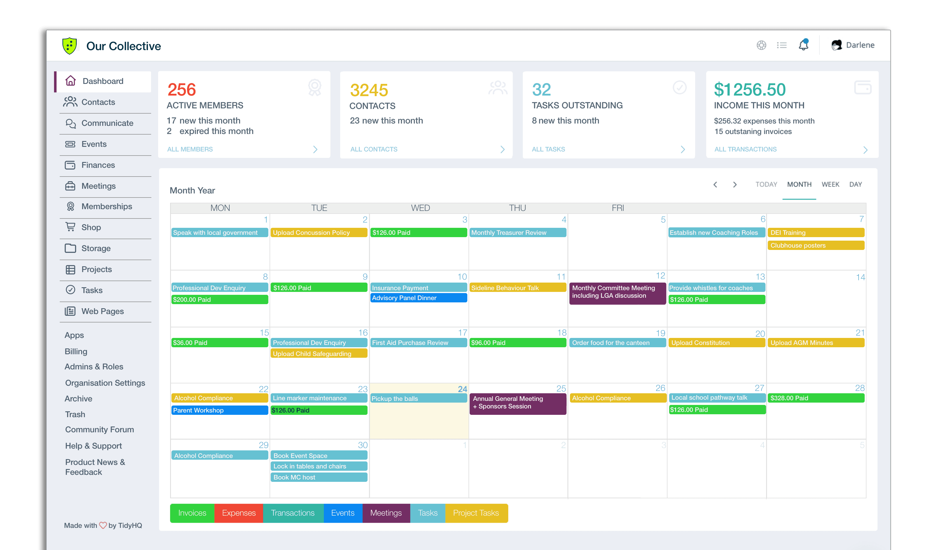 TidyHQ dashboard showing active members, contacts, tasks outstanding, and a monthly calendar view.